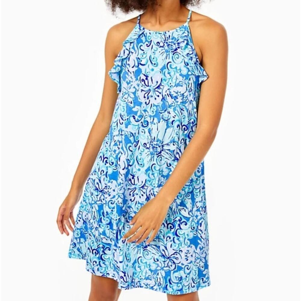 Lilly Pulitzer Billie Saltwater Blue Suns Out Funs Out Ruffle Swing Dress Large